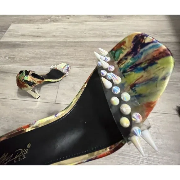 Cathy Din Floral Wateidescentcolor Gold Heels Party Club Retro Spikes Iridescent - Picture 3 of 7